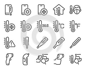Thermometer icon set vector illustration. Contains such icon as Temperature Check, Screening, Scanning, Caution, Celsius, Fahrenhe photo