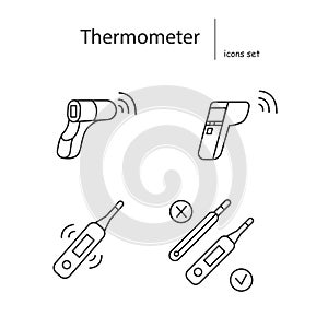 Thermometer icons set. Wireless gun digital body temperature measure device vector illustrations