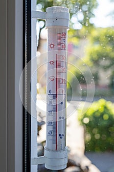 Thermometer indicating high temperature. Heat in the city is a threat to residents