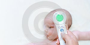 Thermometer kid fever banner. Doctor check cold flu baby temperature care from electronic thermometer. Child sick, kid