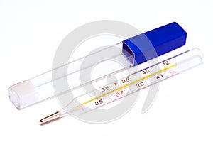 Thermometer, measure the temperature on white background, Pharmacy, Medicine