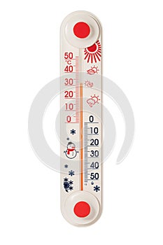 Thermometer for measuring air temperature on white background. Front view. Full depth of field