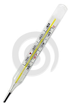 Thermometer, medical glass, Celsius centigrade fever scale, febrile spike, high body temperature concept, pyrexial 40.0 degrees