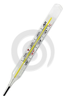 Thermometer, medical glass, Celsius centigrade fever scale, subfebrile body temperature concept, 37.0 degrees, isolated vertical