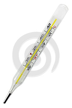 Thermometer, medical glass, Celsius centigrade fever scale, subfebrile body temperature concept, 37.0 degrees, isolated vertical photo
