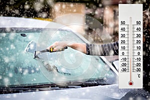 Thermometer or meteorological indicator in winter near the car shows low temperatures