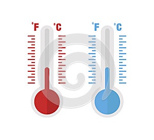 Thermometer red and blue colors isolated on white background. Trendy flat style. Temperature indicator. Cold or hot weather