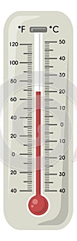 Thermometer with red temperature indicator. Hot weather symbol