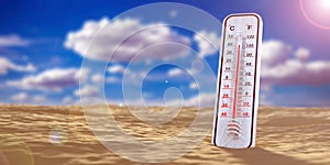 Thermometer in the sand, blue sky background, temperature forty degrees Celcius. 3d illustration