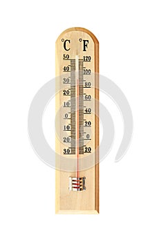 Thermometer showing high summer temperature isolated on white background