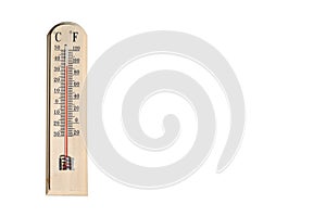 Thermometer showing high summer temperature isolated on white background with copy space