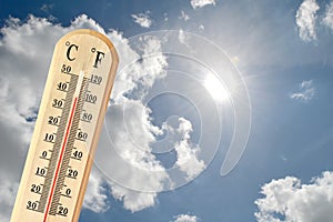 Thermometer showing high temperature. Summer heat concept