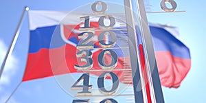 Minus 20 degrees centigrade on a thermometer measuring air temperature near flag of Slovakia. Cold weather forecast photo