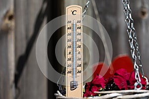 Thermometer shows high temperatures on a hot summer day