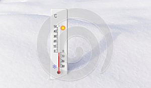 Thermometer in the snow. Ambient temperature minus 1 degrees