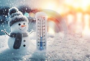 thermometer snow ice winter season snowman weather background - ai generated