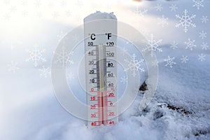 Thermometer on snow shows freezing temperature in celsius or farenheit