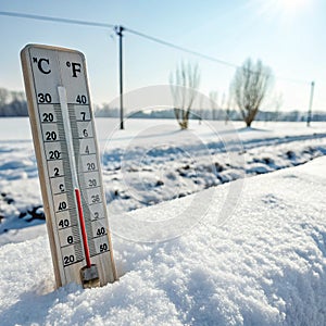 Thermometer on snow shows low temperatures - zero