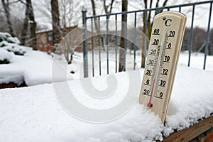 Thermometer on snow shows low temperatures - zero