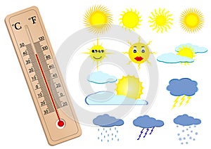 A thermometer and some weather ele