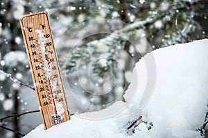 Thermometer with subzero temperature stuck in the snow