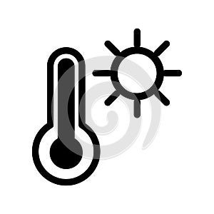 Thermometer and sun vector icon. Black and white high temperature illustration. Outline linear icon.