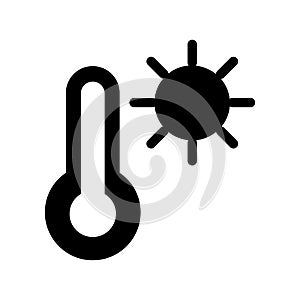 Thermometer and sun vector icon. Black and white high temperature illustration. Solid linear icon.