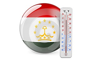 Thermometer with Tajik flag. Heat in Tajikistan concept. 3D rendering