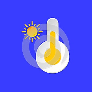 Thermometer, temperature emblem. Sunny Day Weather info icon. Yellow Sun and Barometer sign paper cut style on blue