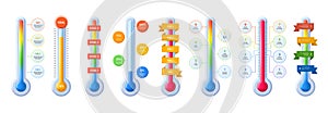 Thermometer temperature infographic templates. Hot and cold sales, fundraising tiers meter and goal tracking success