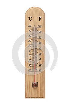 Thermometer, Thermometer on wooden base with celsius scale. Icon for your design. Temperature over 0 degree fahrenheit