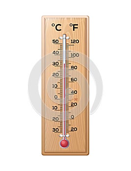 Thermometer to measure the temperature of the air on a wooden base