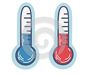 Thermometer. Two thermometers warm and cold. Weather forecast. Meteorological thermometers in Celsius and Fahrenheit measure heat