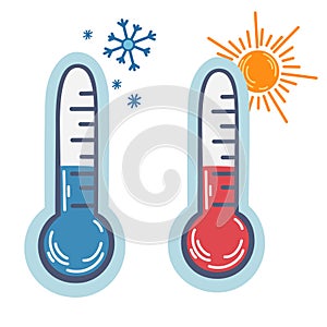 Thermometer. Two thermometers warm and cold. Weather forecast. Meteorological thermometers in Celsius and Fahrenheit measure heat