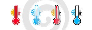 Thermometer vector icons with sun and snowflake. Hot and cold temperature scale for weather or freezer, isolated thermometer