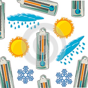 Thermometer and weather pattern on white background