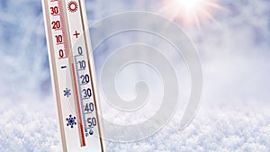 Thermometer on a winter background shows 5 degrees below zero