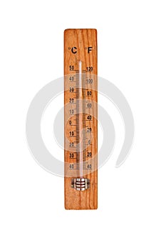 Thermometer on wooden base with celsius and fahrenheit degrees scale, isolated on white background