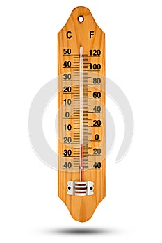 Thermometer on wooden base with celsius scale. Icon for your design. Temperature -20 degree Celsius.