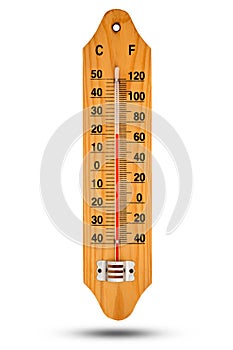 Thermometer on wooden base with celsius scale. Icon for your design. Temperature 20 degree Celsius.