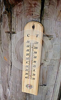 The thermometer on the wooden pole