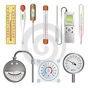 Thermometers for atmosphere and human body illustrations set