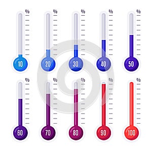 Thermometers with different temperatures. Goal measurement infographic thermometer