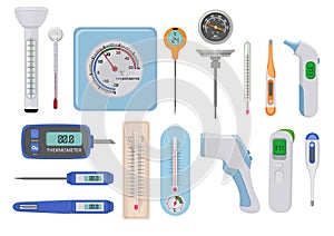 Thermometer. Krankenhaus medizinisch temperatur maßnahmen hoch a niedrig verschieden Indikatoren Vektor maßnahmen Zähler 
