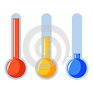 Thermometers icons in cartoon style. Measure hot and cold temperature, forecast, climate and meteorology. Vector