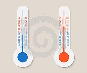 Thermometers measuring Celsius and fahrenheit. Thermometer equipment showing hot or cold weather. Vector illustration