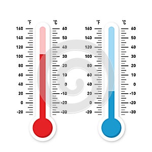 Thermometers measuring heat and cold temperature. Red and blue thermometers with Celsius and Fahrenheit scale