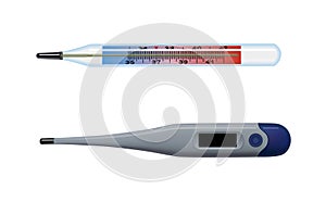 Thermometers for measuring human body temperature. One is mercury, the other is electronic.