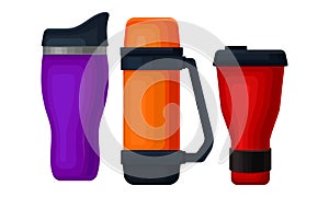 Thermos Bottle or Vacuum Flask as Vessel for Liquid Storage Vector Set