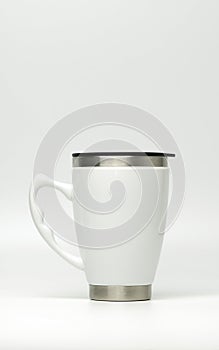 Thermos bottle on white background with copy space